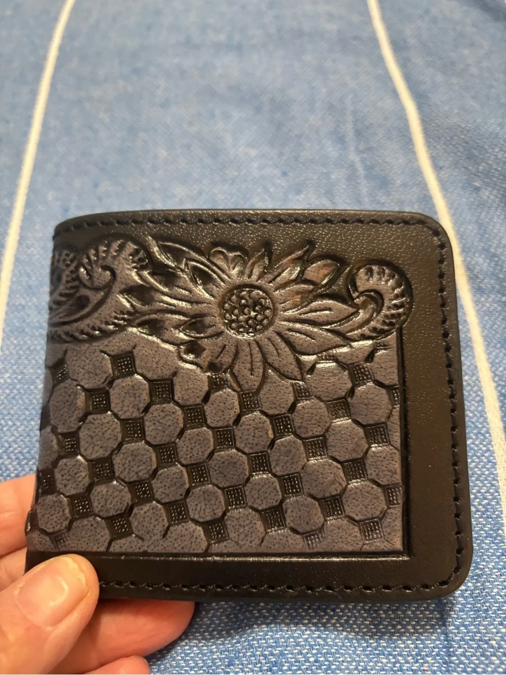 Embossed Black Leather Money Clip Wallet for Men